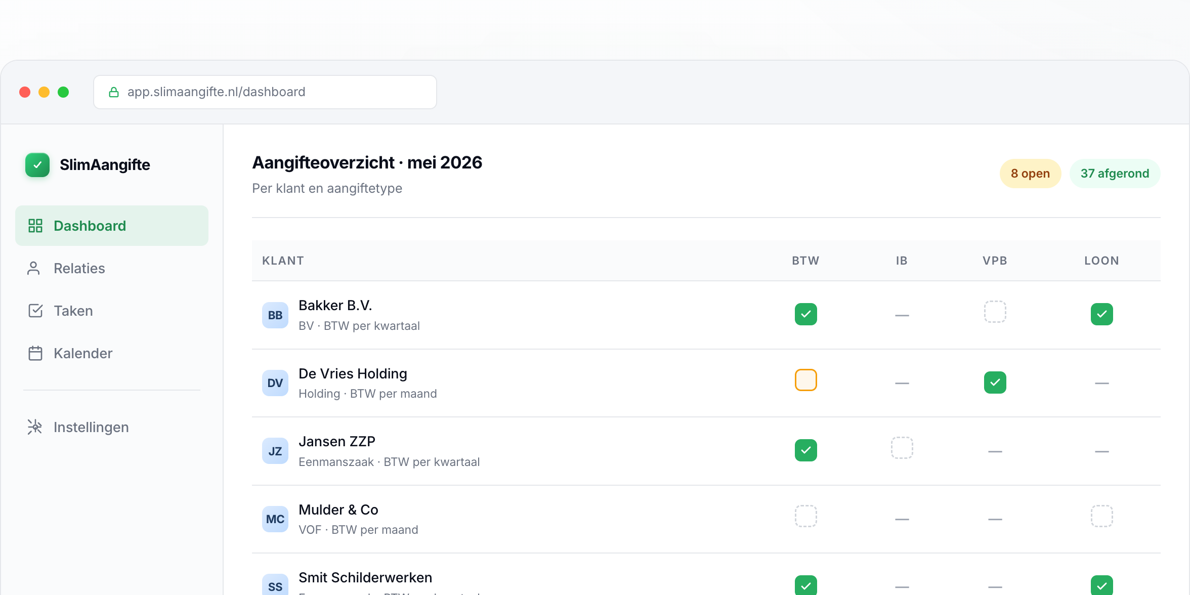 Aangifteoverzicht in het platform: per klant de status van de BTW-, IB-, VPB- en loonaangiftes.